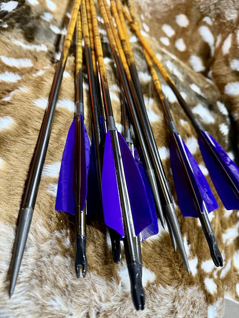 Traditional wooden arrows with hand-stained tiger markings and purple feather fletching