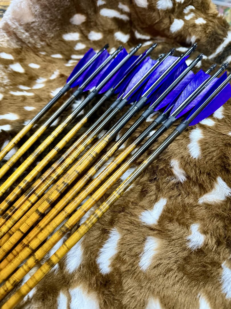 Handcrafted traditional wooden arrows with striped timber shafts and purple feathers