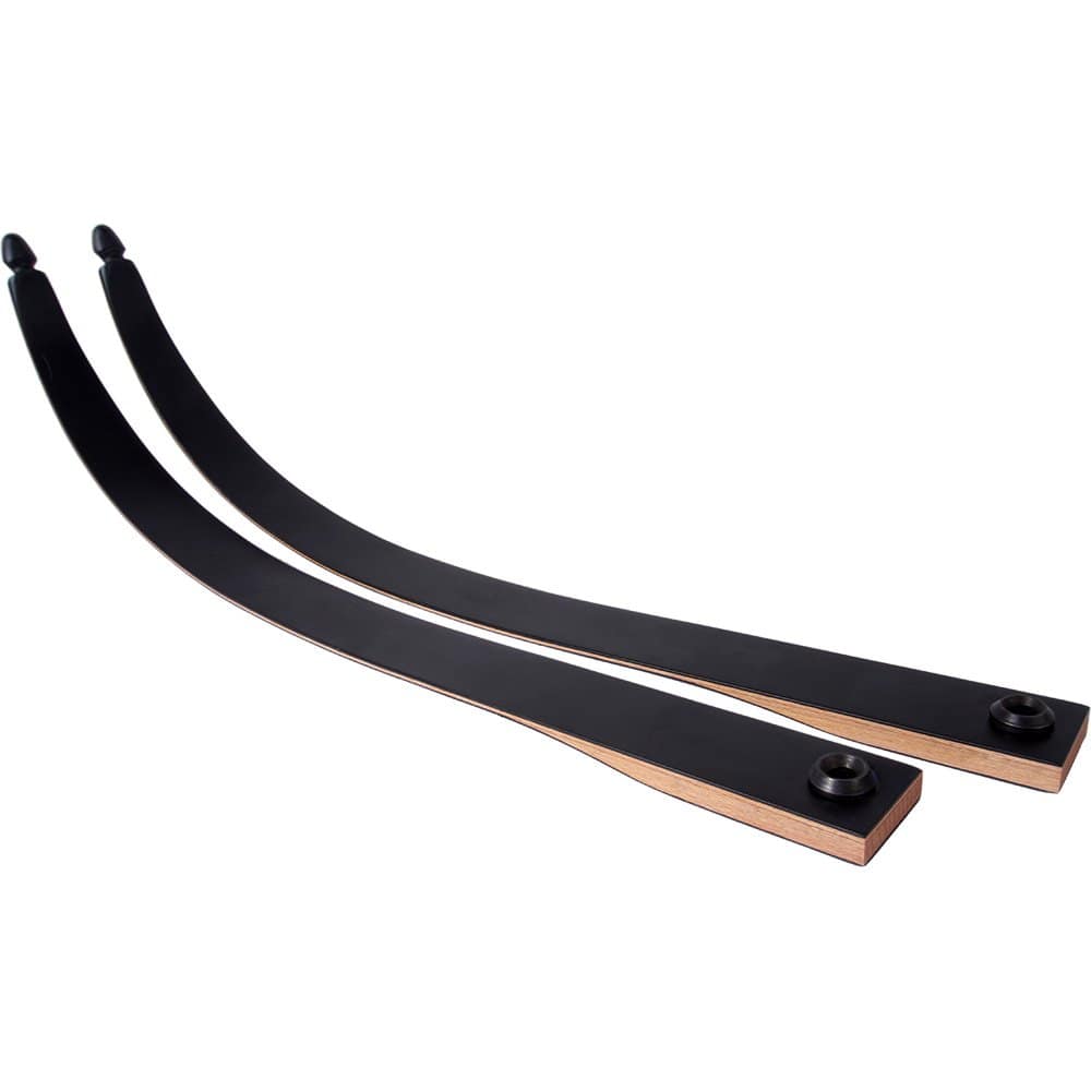 A pair of Bearpaw Young Hero Limbs, black recurve bow limbs with wooden base accents, designed for use with the Bearpaw Young Hero riser. These youth-friendly limbs provide a smooth and controlled draw for beginner archers.