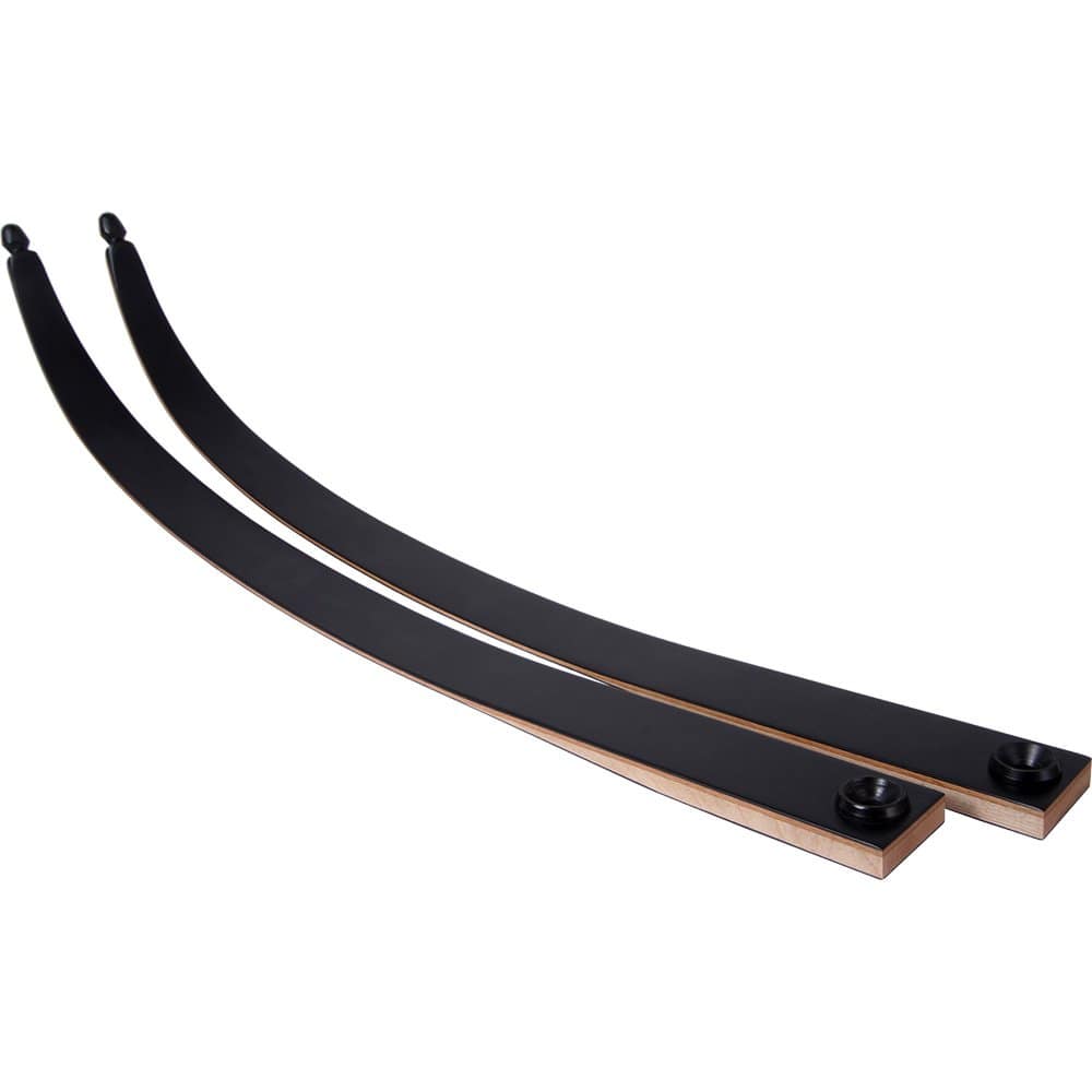 A pair of Bearpaw Hero Limbs, sleek black recurve bow limbs with wood accents at the base. Designed for use with Bearpaw Hero risers, these limbs offer customisable bow lengths of 62" or 66" for traditional recurve archery.