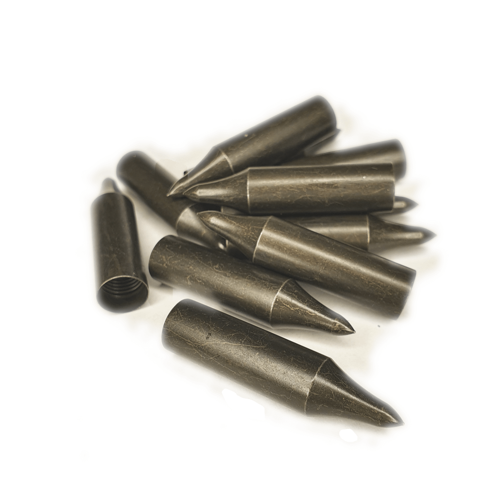 A set of 12 Tipping Point Steel Screw-In Arrow Points, featuring a burnished steel finish for durability and oxidation resistance. Designed with an innovative tapered hole system for perfect shaft alignment and smooth field point impact in traditional archery.