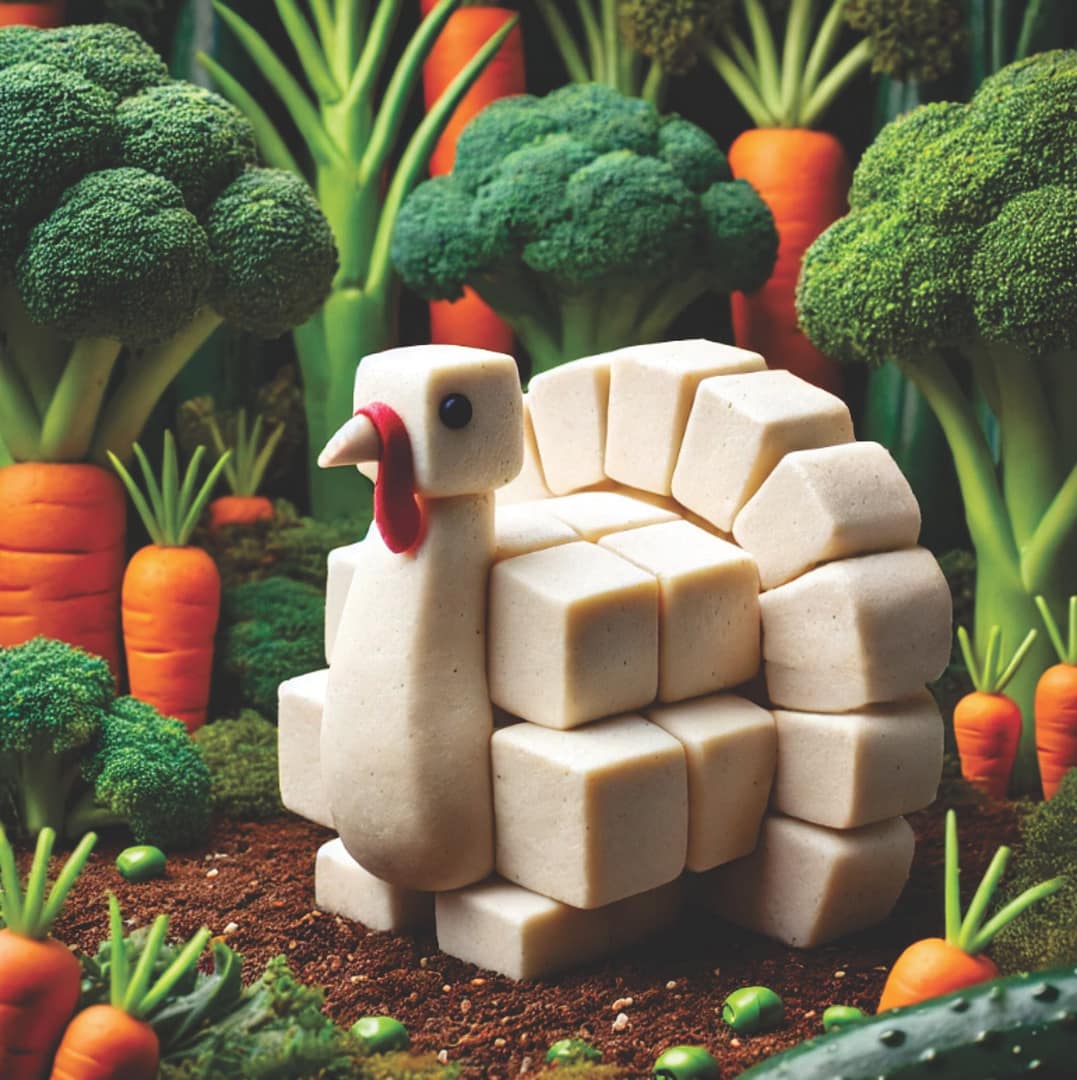 Whimsical archery target featuring a turkey made of tofu cubes