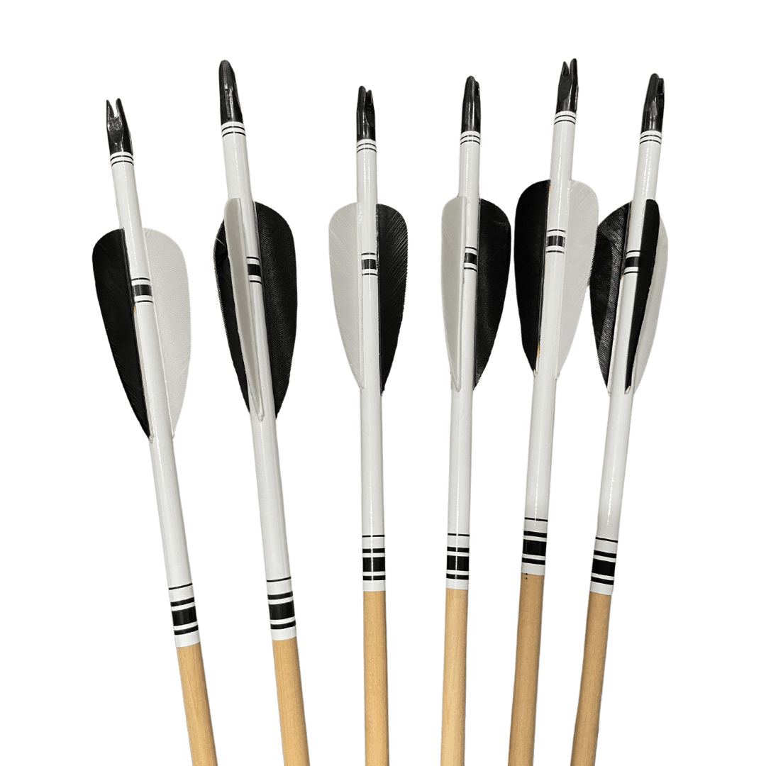Artisan wooden arrow featuring a white wrap, black nock, black hen feathers, and white index feather.