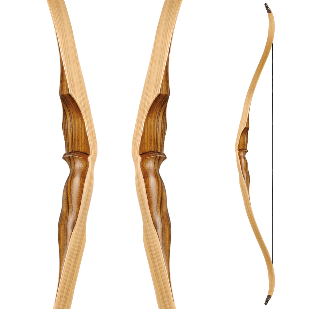 Brown Bear by Ragim - 58-inch one-piece recurve bow with a walnut handle and clear fiberglass limbs, shown from multiple angles.