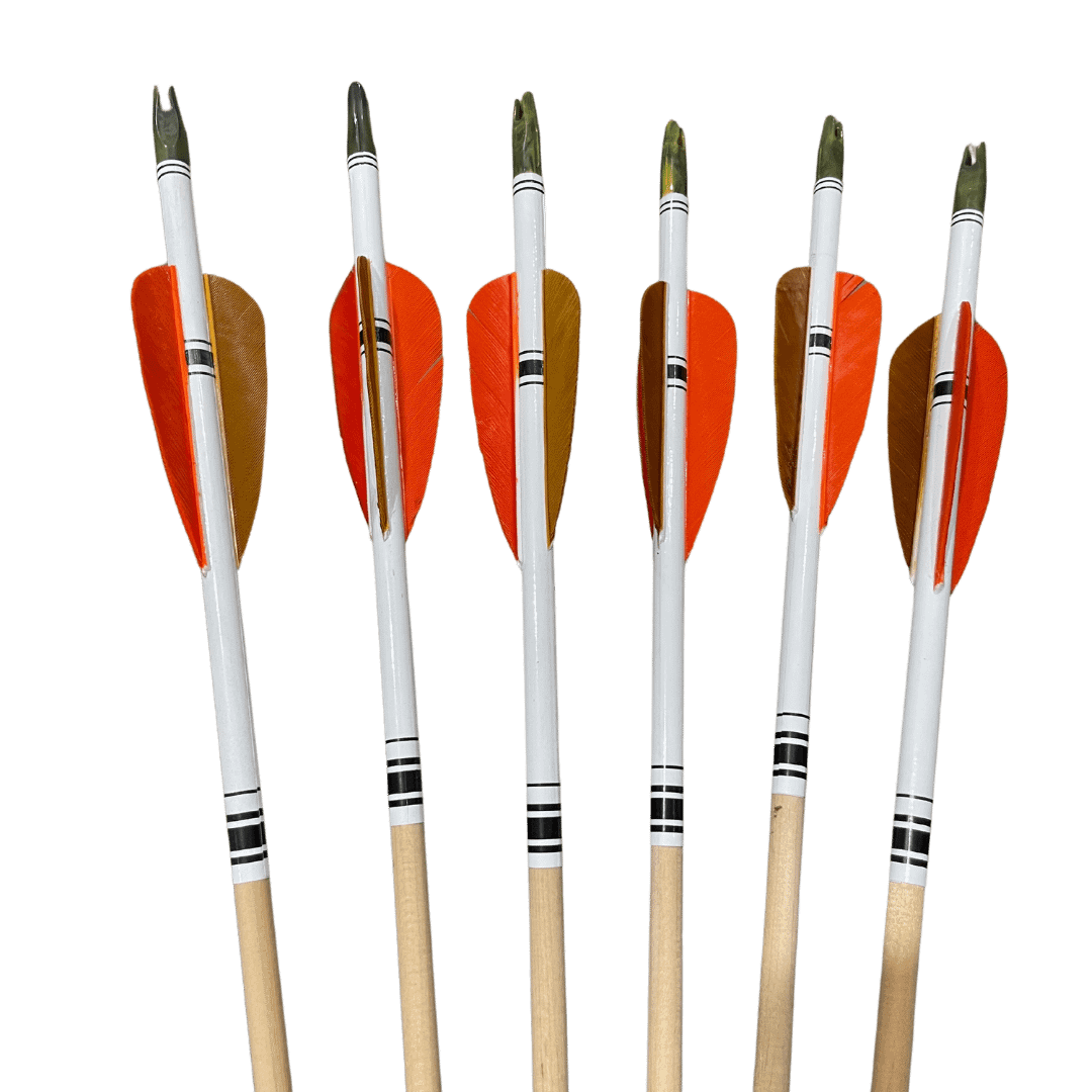 Artisan wooden arrow featuring a white wrap, camo green nock, orange hen feathers, and brown index feather.