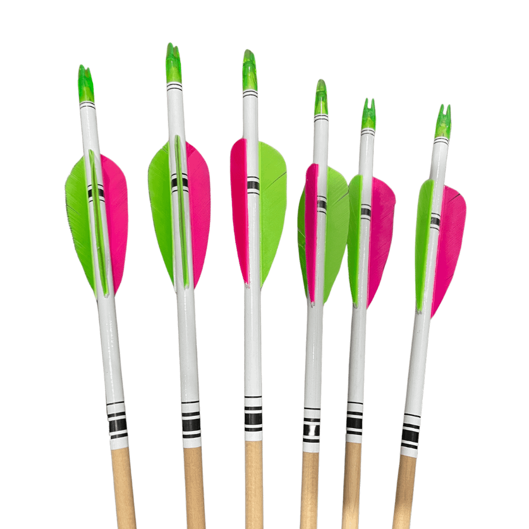 Artisan wooden arrow with a white wrap, green nock, green hen feathers, and pink index feather.