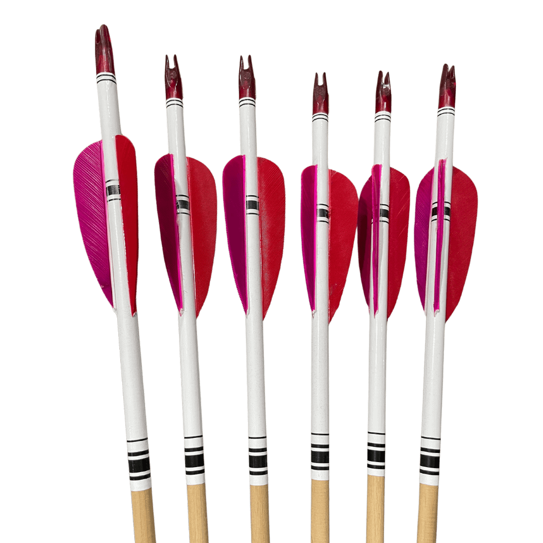 Artisan wooden arrow with a white wrap, red nock, pink hen feathers, and red index feather.