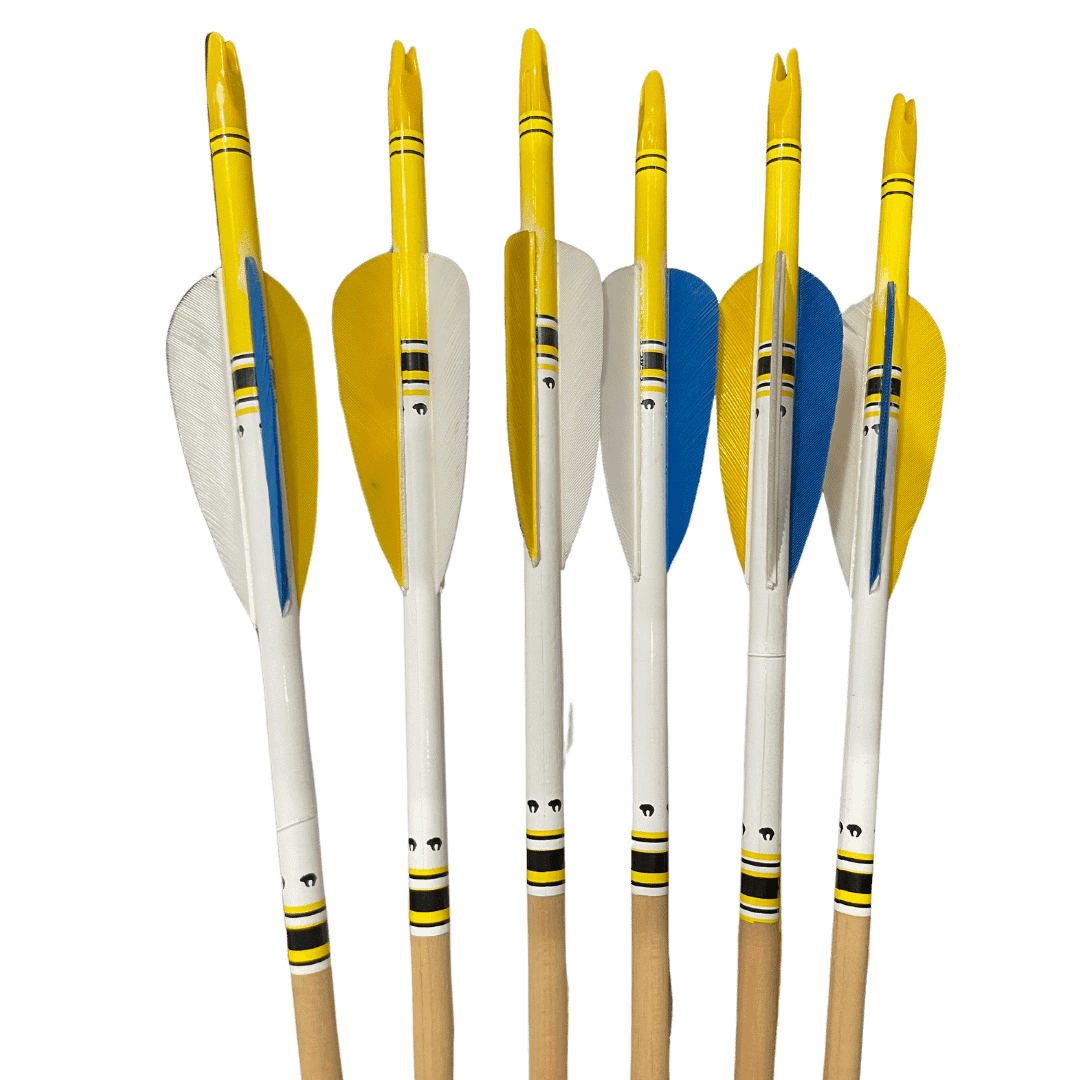 Artisan wooden arrow with a yellow wrap, yellow nock, white and blue hen feathers, and yellow index feather.