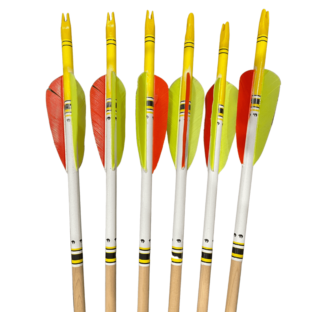 Artisan wooden arrow with a yellow wrap, yellow nock, yellow hen feathers, and orange index feather.