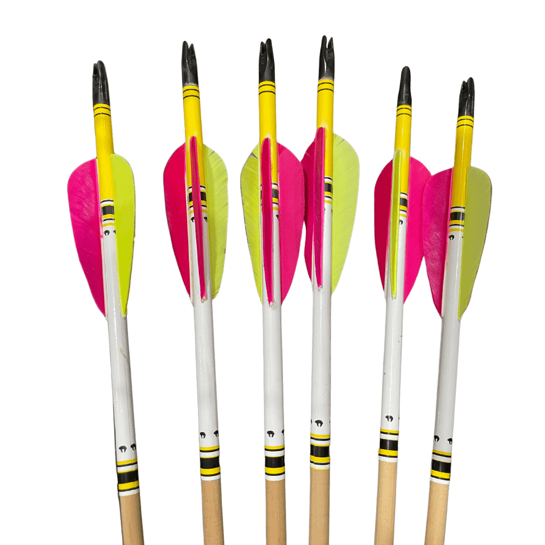 Artisan wooden arrow with a yellow wrap, yellow nock, yellow hen feathers, and orange index feather