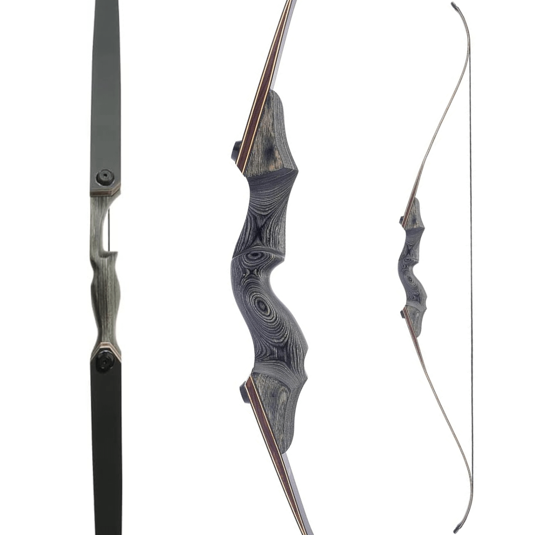 A Black Hunter Recurve Bow, featuring a traditional wooden riser and fibreglass limbs. This takedown recurve offers smooth performance, durability, and precision, making it ideal for traditional archery and target shooting.
