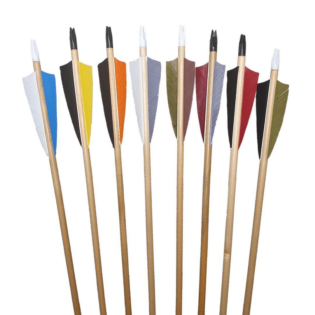 A set of handcrafted deluxe wooden arrows made from premium Port Orford Cedar, featuring vibrant feather fletching and 5/16 diameter shafts.