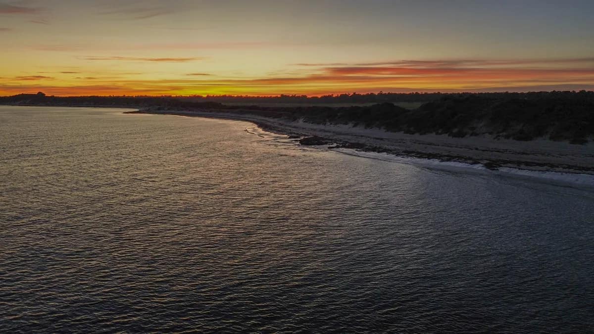 A long surf beach photographed from the air at dusk, the sun low over the water and the swell lines running in to shore.