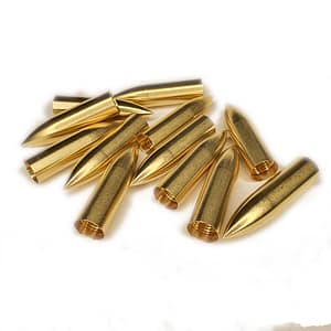 A set of 12 Brass Screw-In Arrow Points by Tipping Point, designed for wood arrows. These durable brass arrow tips feature a screw-in design for easy installation, ensuring improved stability and accuracy for traditional archers.