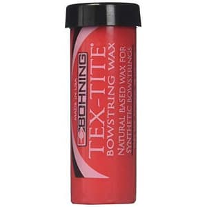 Bohning TEX-TITE Bowstring Wax in a red tube with black cap, labeled as a natural-based wax for synthetic bowstrings. Made in the USA.