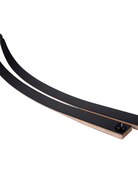 A pair of Bearpaw Hero Limbs, sleek black recurve bow limbs with wood accents at the base. Designed for use with Bearpaw Hero risers, these limbs offer customisable bow lengths of 62" or 66" for traditional recurve archery.
