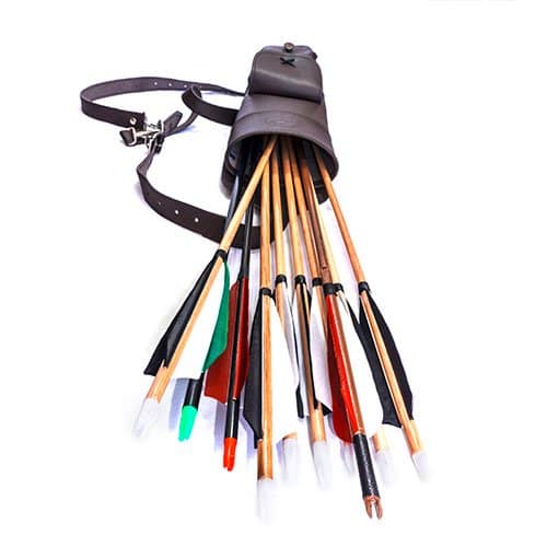 A variety of handcrafted Port Orford Cedar wooden arrows with different feather colours and nock options, showcasing their customisable designs.