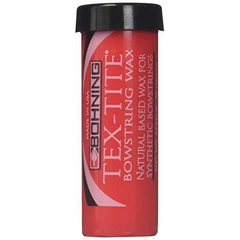Bohning TEX-TITE Bowstring Wax in a red tube with black cap, labeled as a natural-based wax for synthetic bowstrings. Made in the USA.