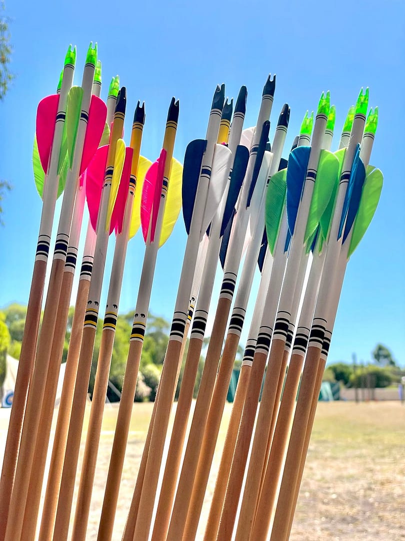 Fletched wooden arrows with bright fluoro fletching stood up at an archery range