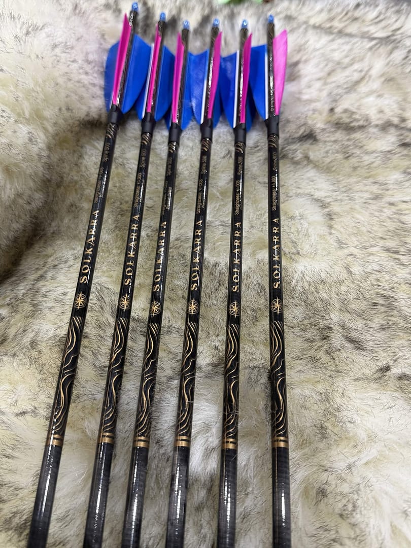 Solkarra Atlas Black carbon arrow shaft, gloss black with gold contour lines and compass rose, view 3