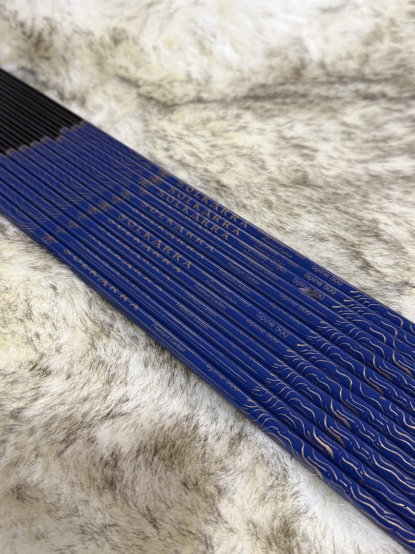 Solkarra Atlas Slate carbon arrow shaft, deep blue with gold contour lines and compass rose, view 2