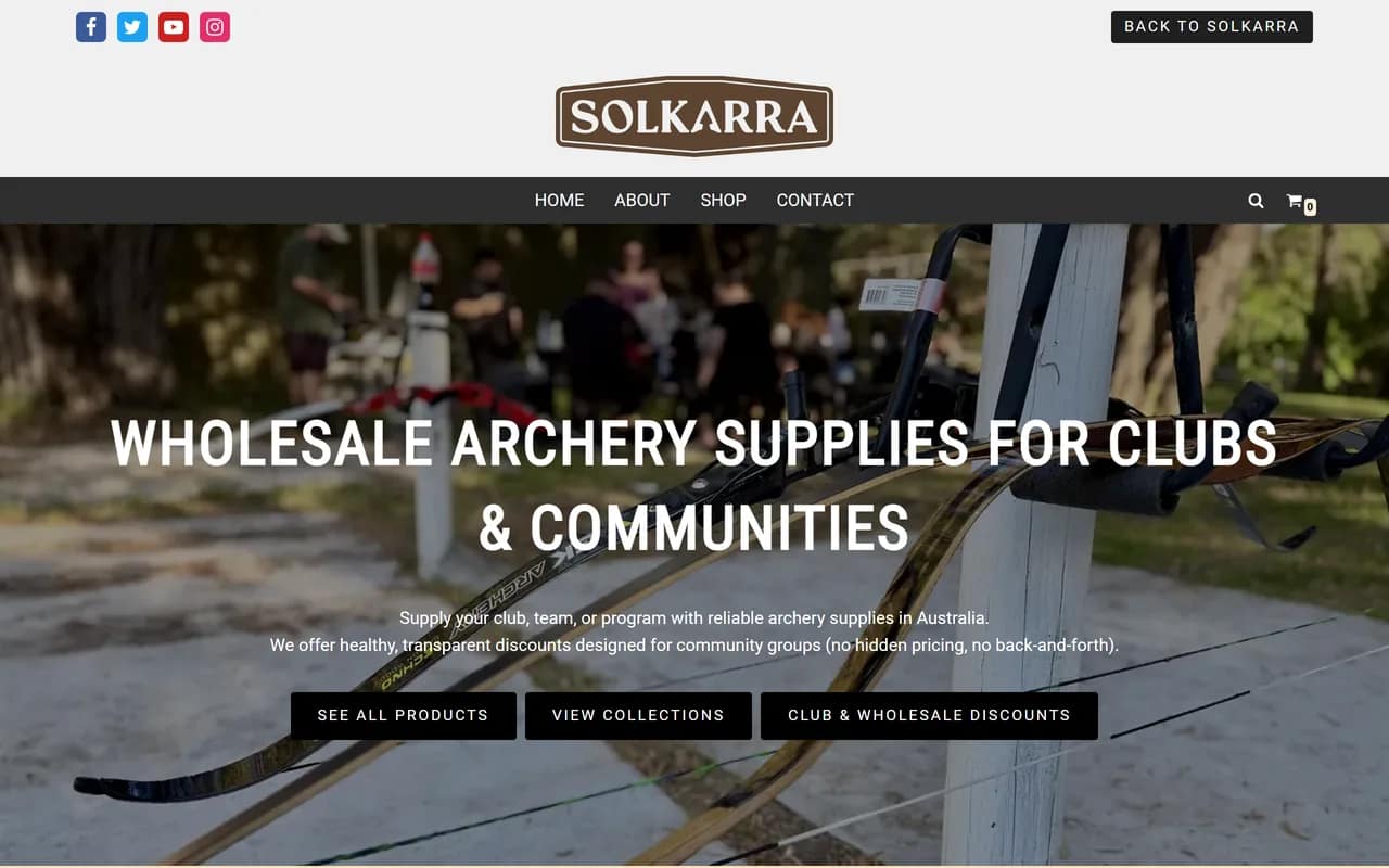 Screenshot of Solkarra Archery Supplies stock hub home page