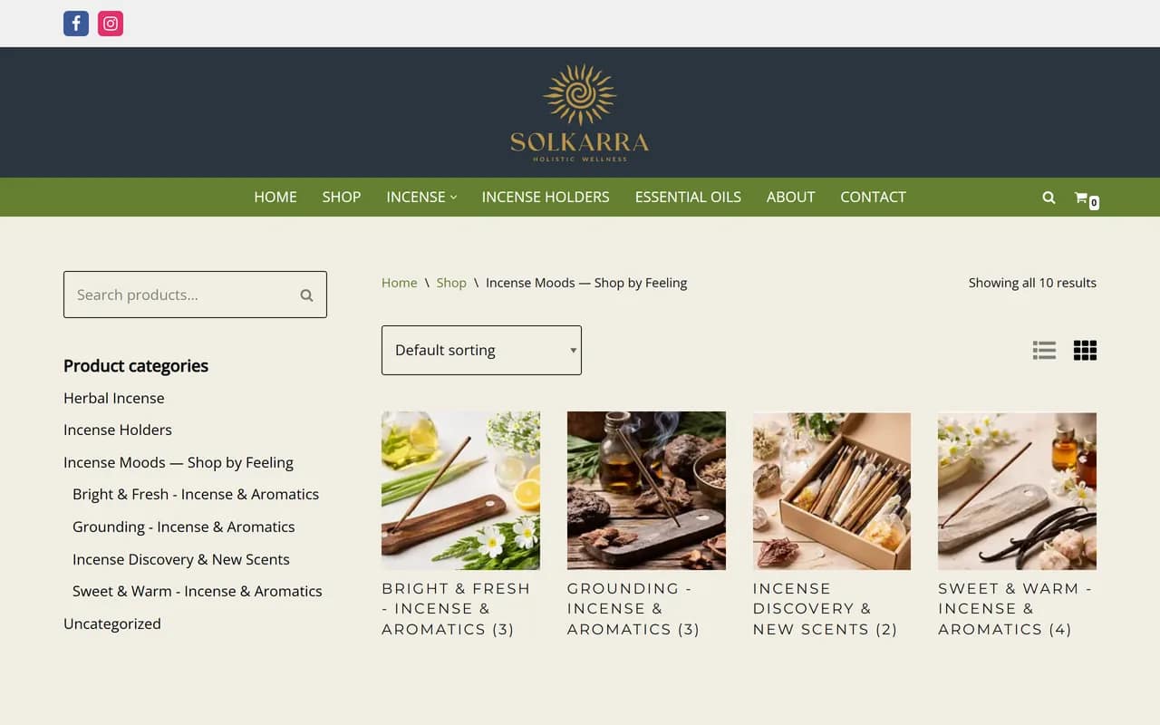 Screenshot of Solkarra Aromatics, the incense range by mood