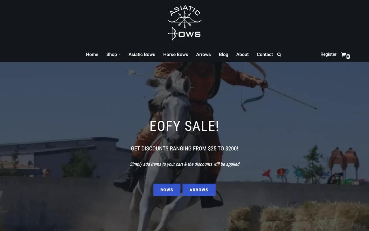 Screenshot of Asiatic Bows Australia home page