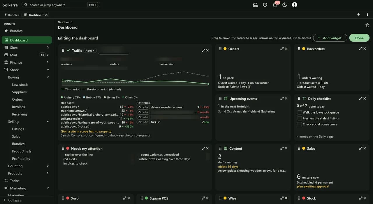 The Solkarra operator desktop app on its dark dashboard, showing traffic, orders, backorders and a daily checklist side by side