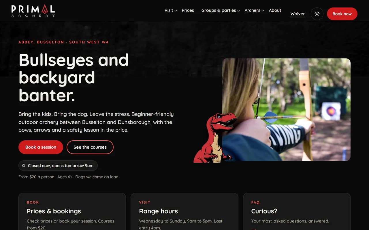 Screenshot of Primal Archery, Busselton, home page (client and partner)