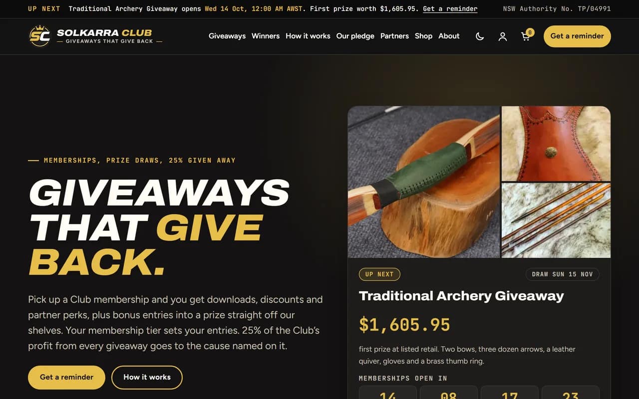 Screenshot of Solkarra Club home page