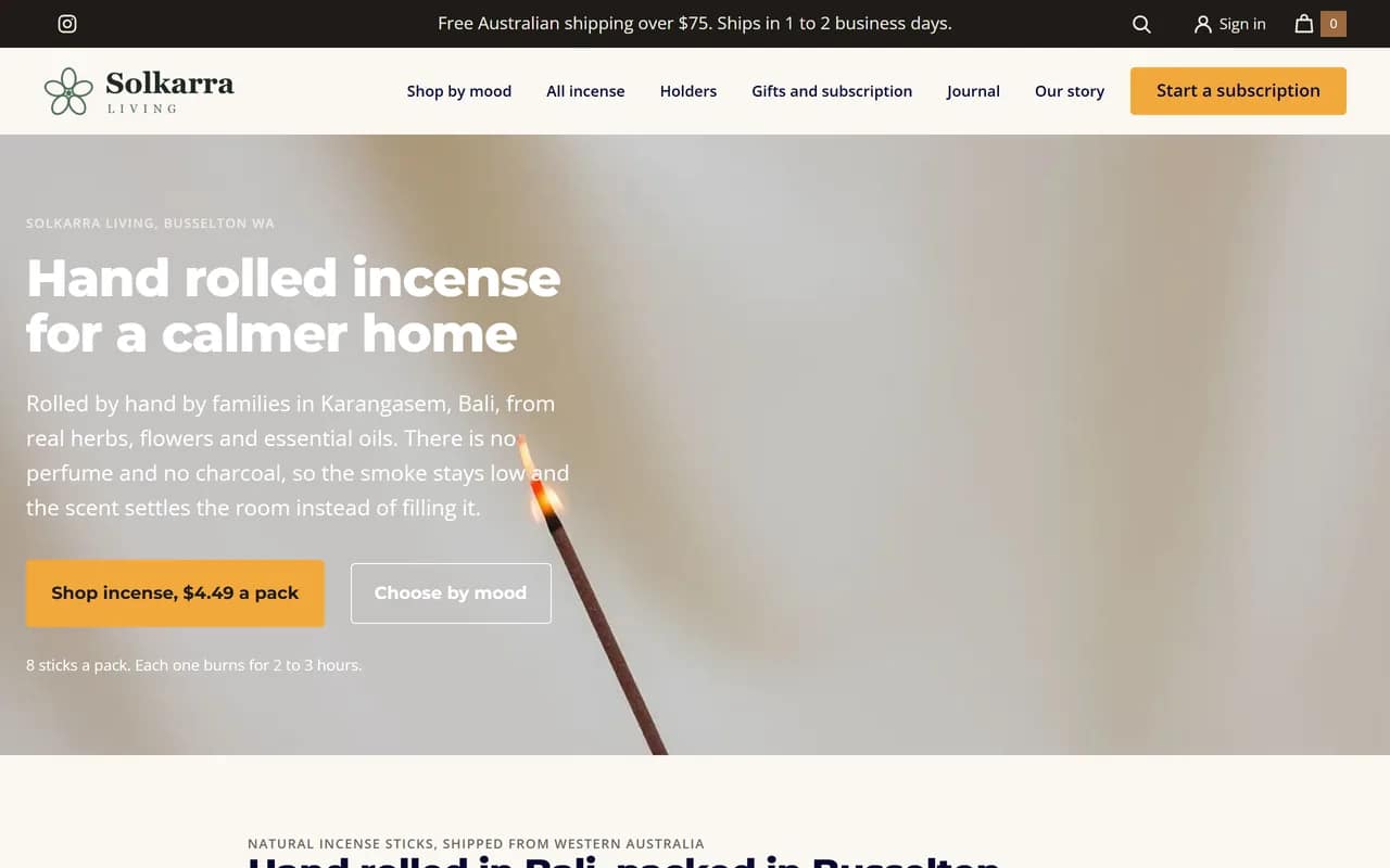 Screenshot of Solkarra Living home page, hand-rolled incense from Bali