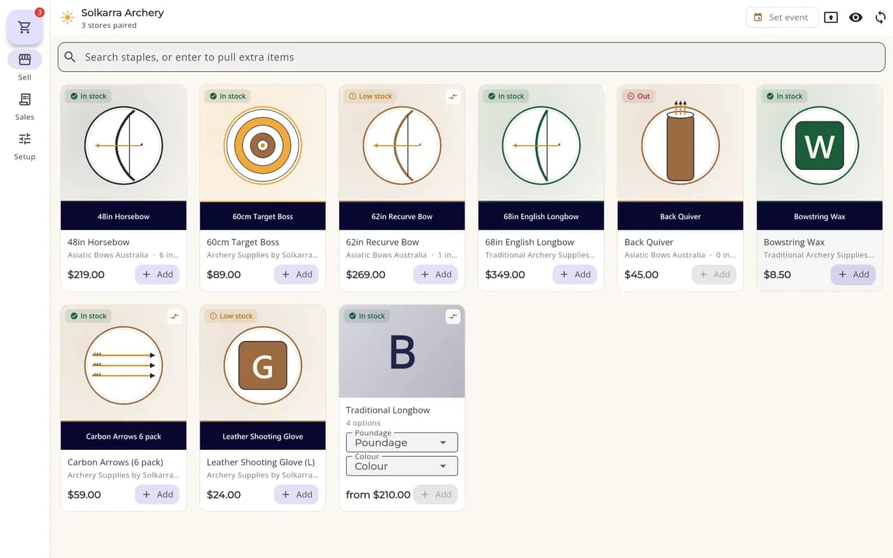 The Solkarra point of sale till screen, the product grid and the open sale