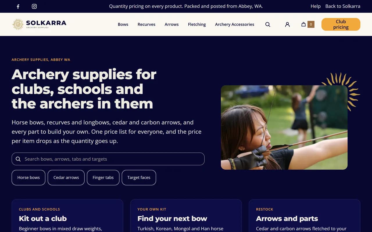 Screenshot of Solkarra Archery Supplies home page, archery supplies for clubs, schools and archers