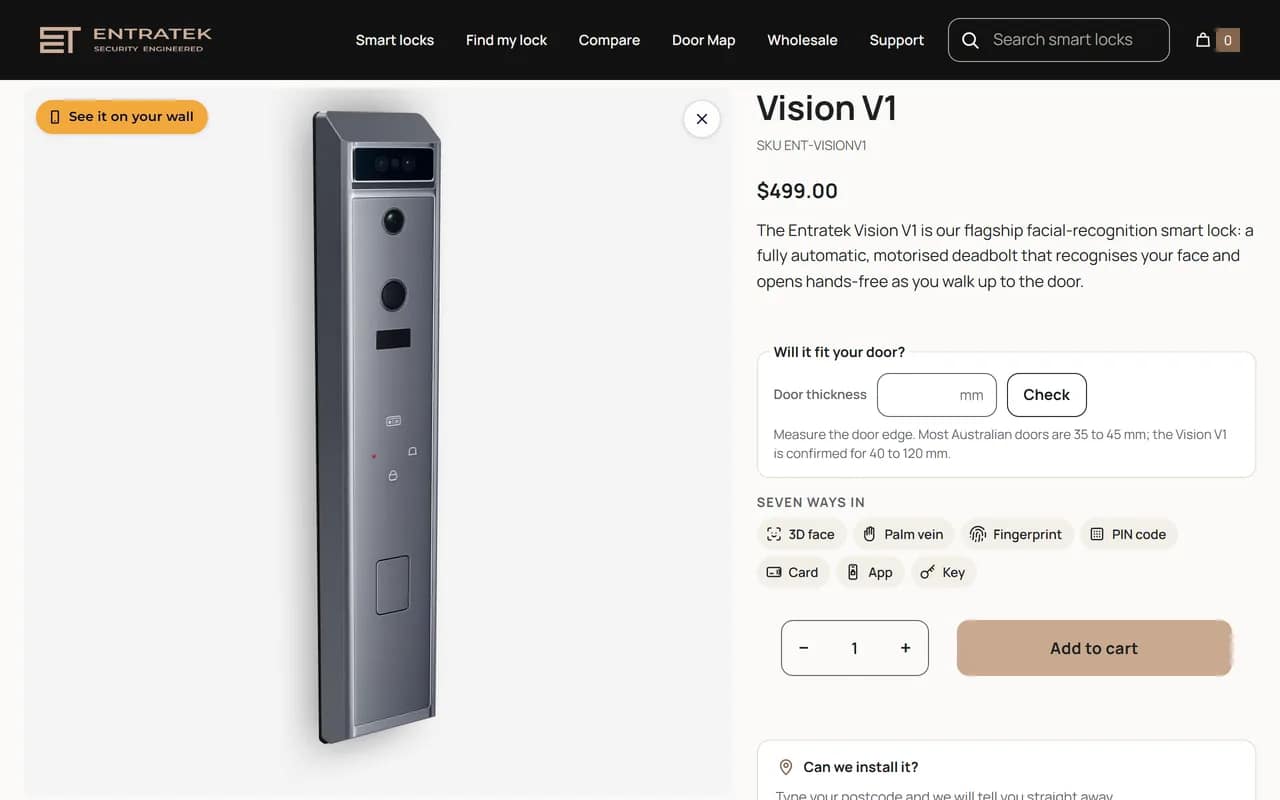 The Solkarra 3D Viewer on the Entratek Vision V1 product page, the lock turned in 3D with a See it on your wall button for AR