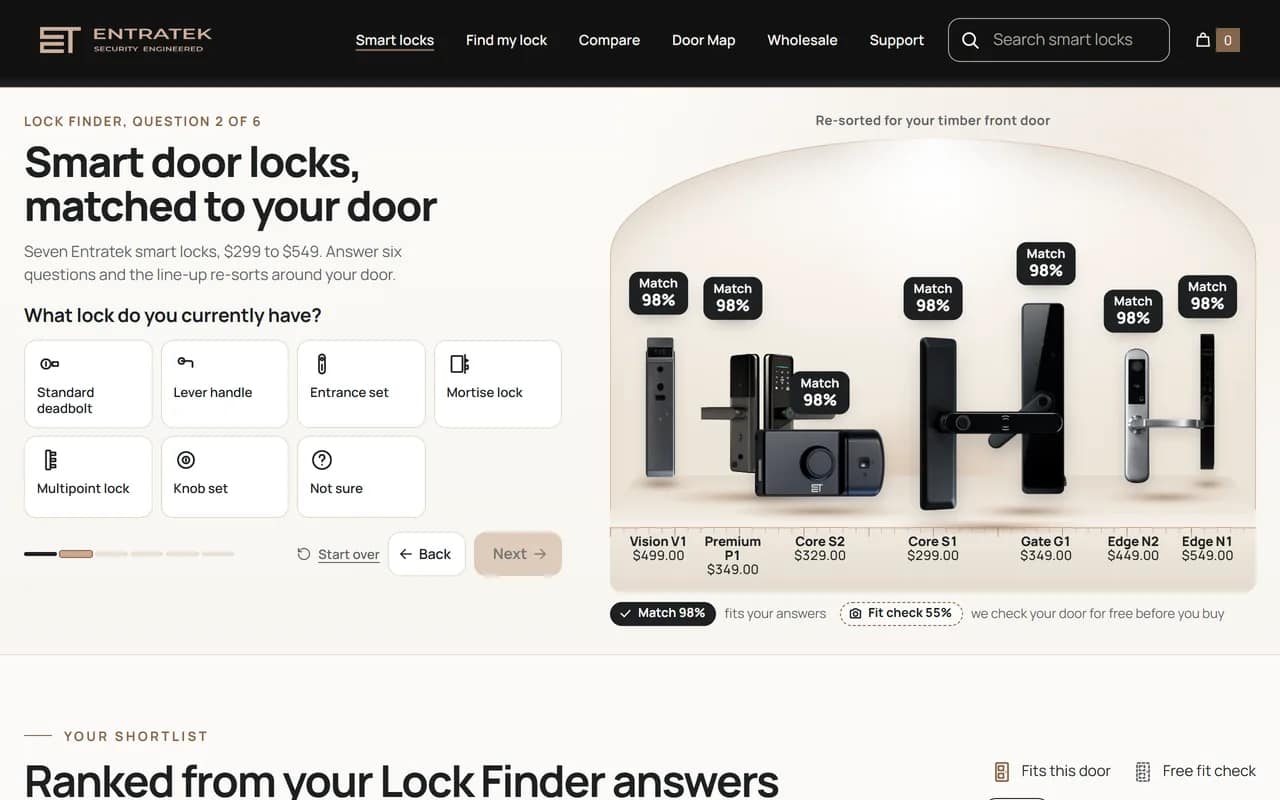 The Entratek Smart Lock Finder on entratek.com.au, asking the second of six questions, with the seven locks re-sorted and scored for a timber front door
