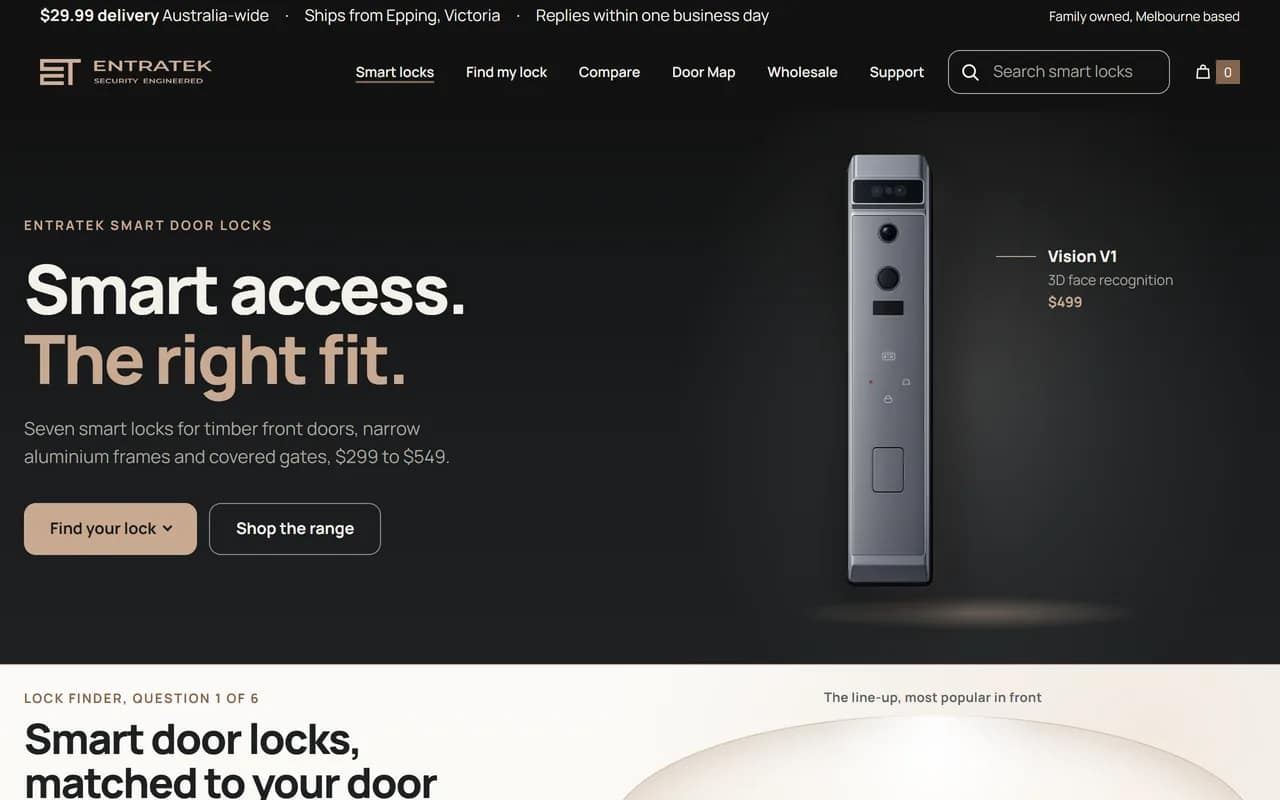 Screenshot of Entratek Digital Locks home page, smart door locks matched to your door (client)