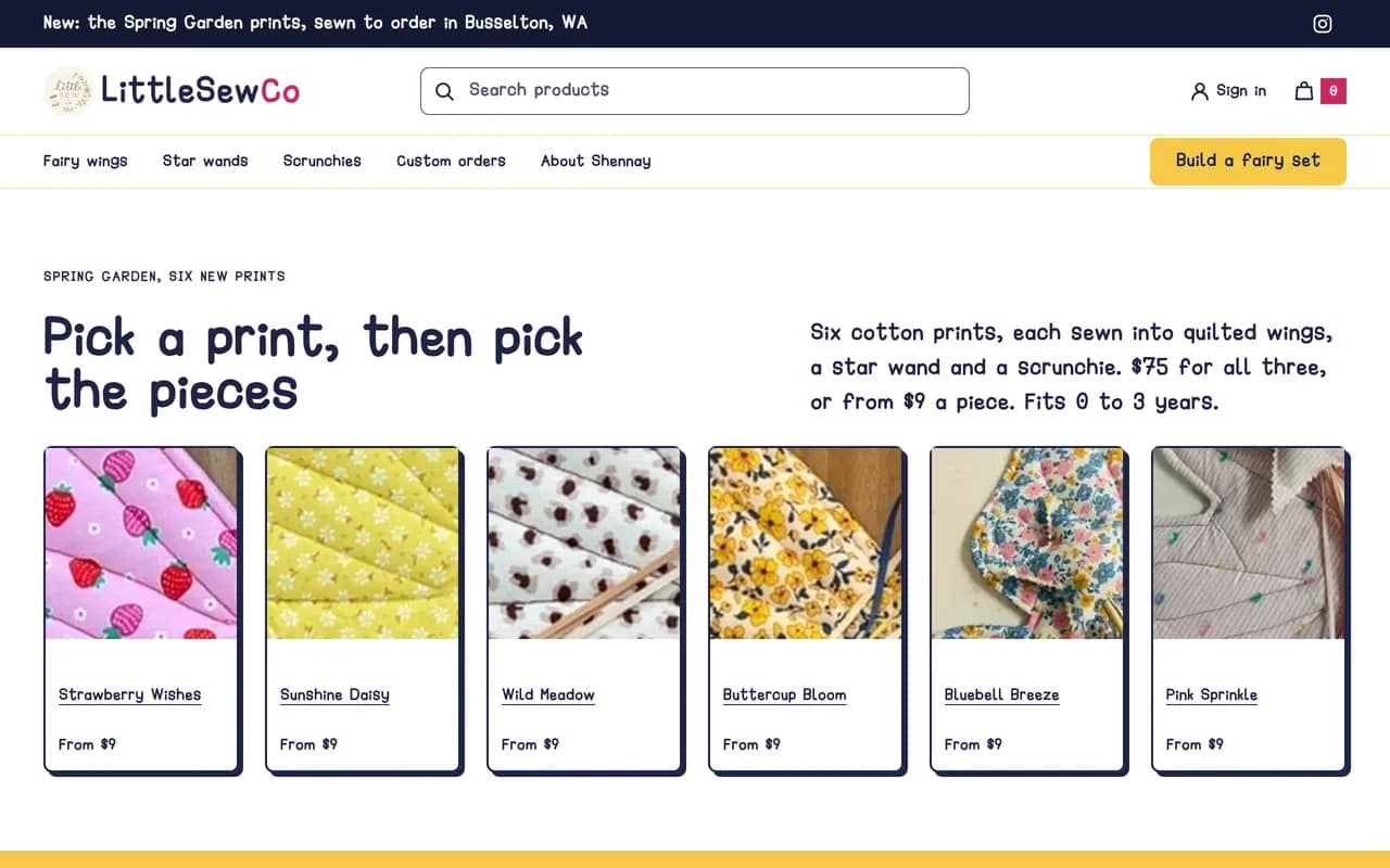 Screenshot of LittleSewCo home page, hand-sewn fairy wings for babies and toddlers (client)